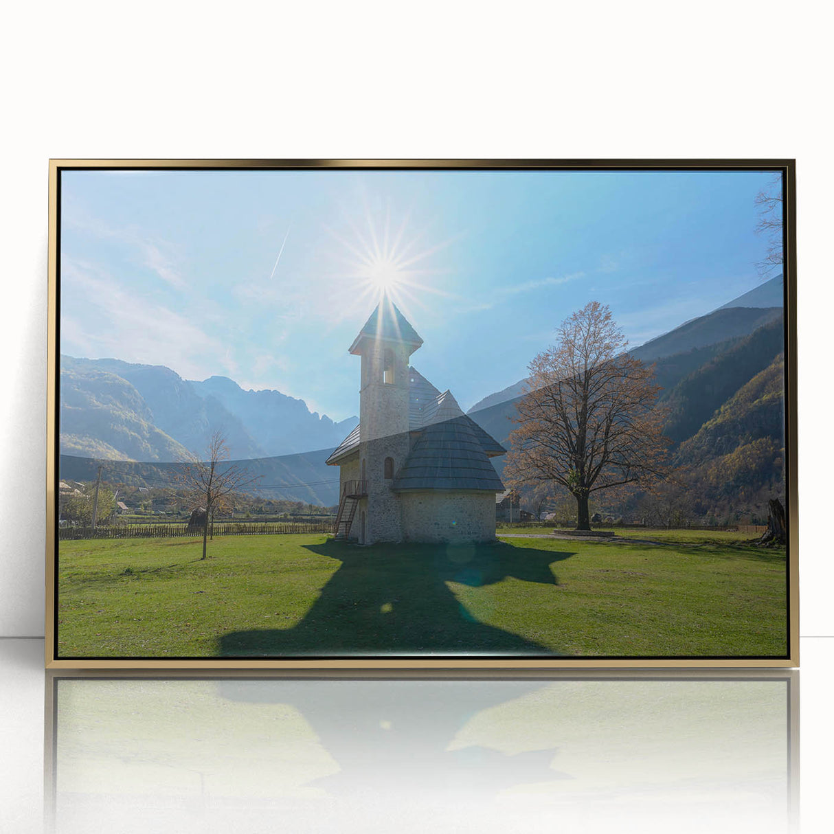 Mid-century modernist art depicting a European Albanian landscape in muted earth tones on a framed acrylic.