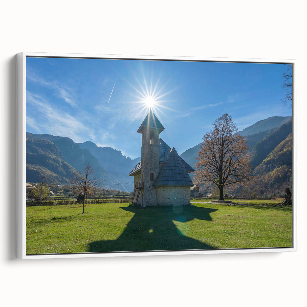Landscape art painting of an Albanian scenery on framed canvas.