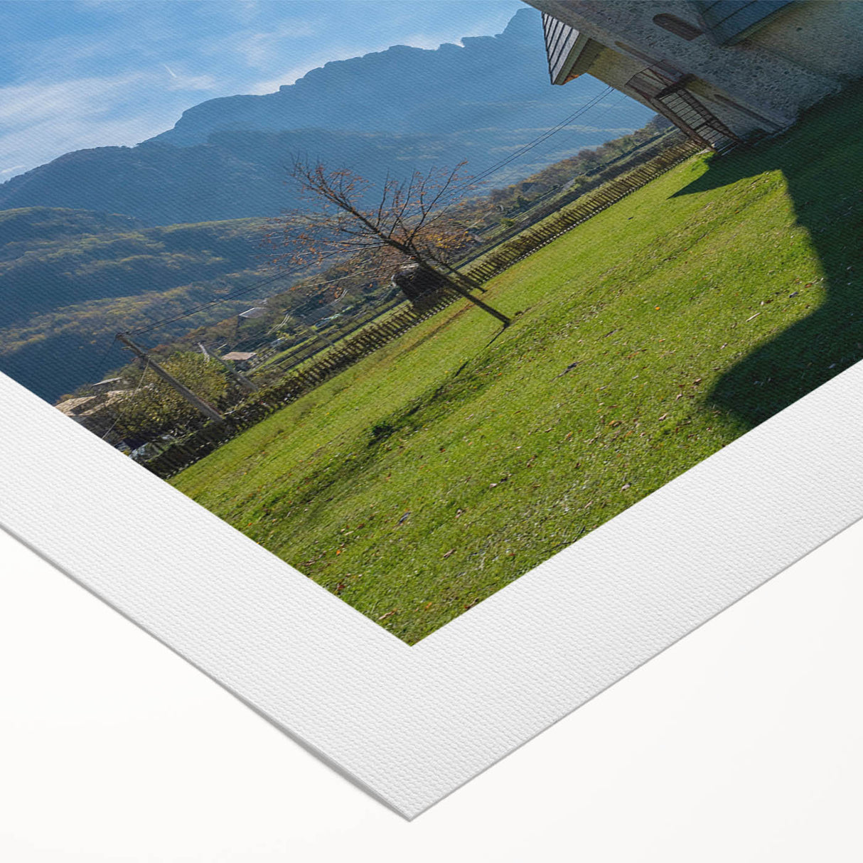 Art deco poster featuring a serene Albanian landscape in muted green and blue tones, printed on rolled canvas.