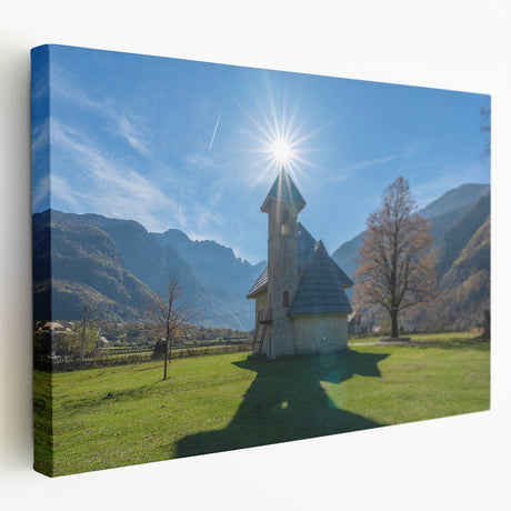 Large art print of an Albanian landscape on stretched canvas, featuring muted earth tones, ideal for kitchen wall art.