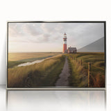 Mid-century modernist art depicting a serene Danish landscape in muted earth tones on a framed acrylic print.