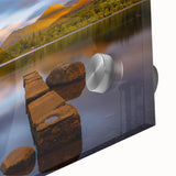 Mid-century modernist abstract landscape of Cumbria, England, in muted earth tones on large acrylic glass.