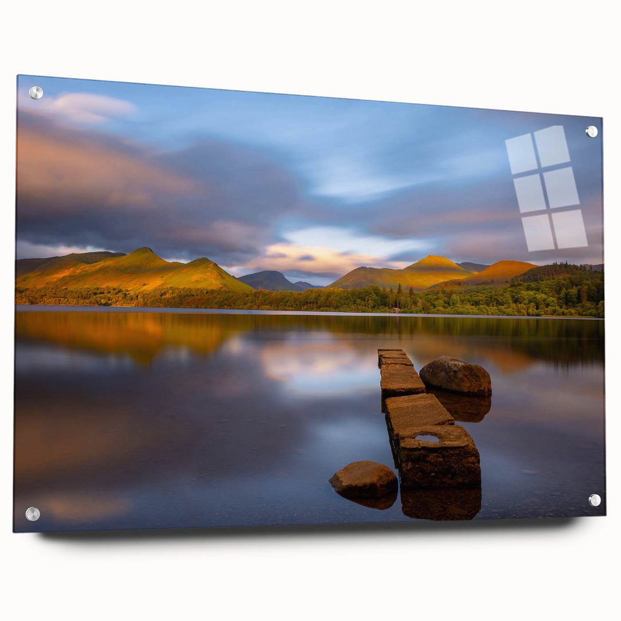 Acrylic print of Cumbria, England landscape in muted green and blue tones, ideal for bedroom or dining room decor.