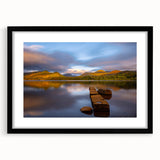 Extra large abstract art print of a colorful, textured English Cumbria landscape on a framed canvas.