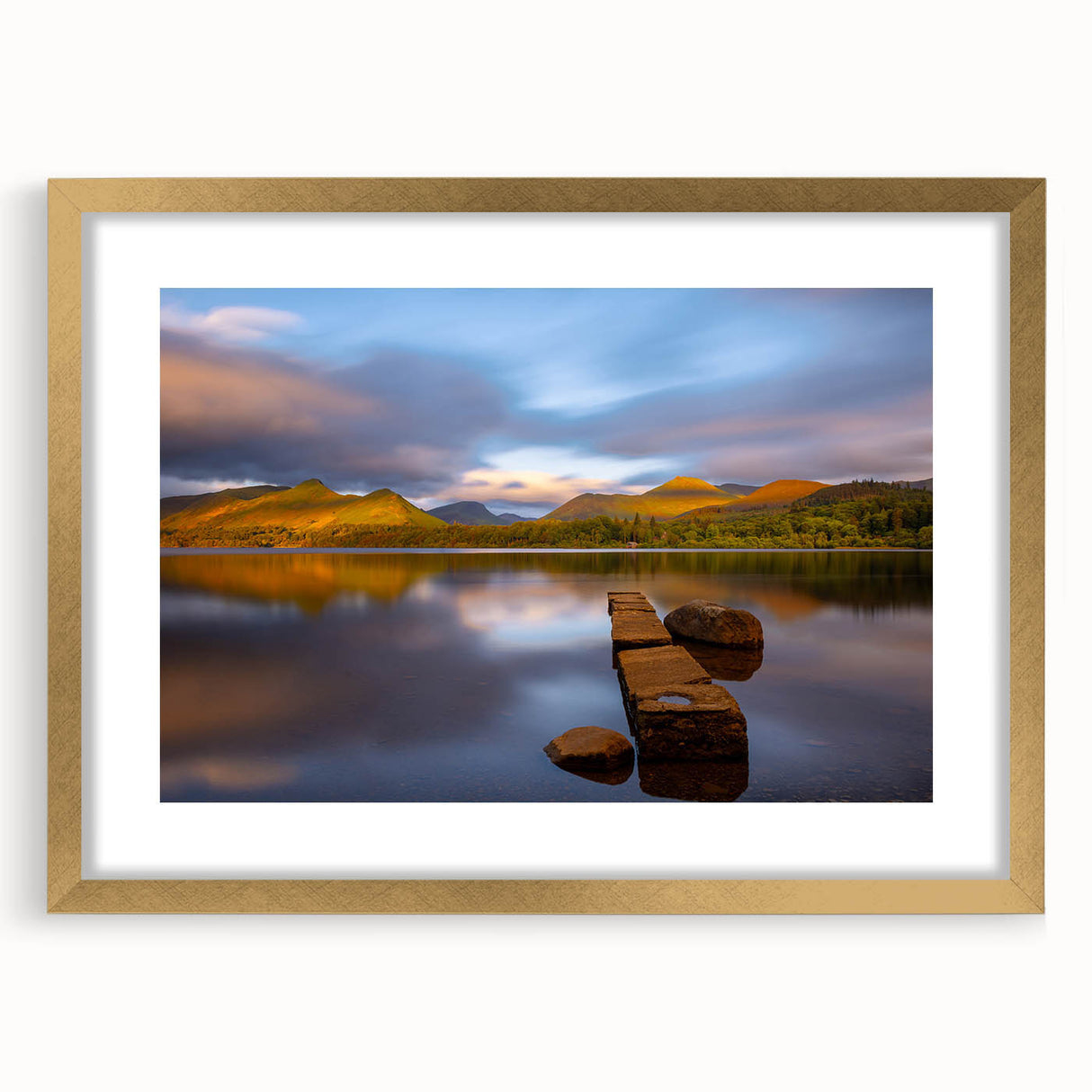 Abstract art print of Cumbria landscape in muted earth tones on a framed canvas, ideal for dining room decor.