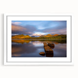 Textured art of abstract Cumbrian landscape in muted earth tones on a framed white mat, ideal for bedroom art.