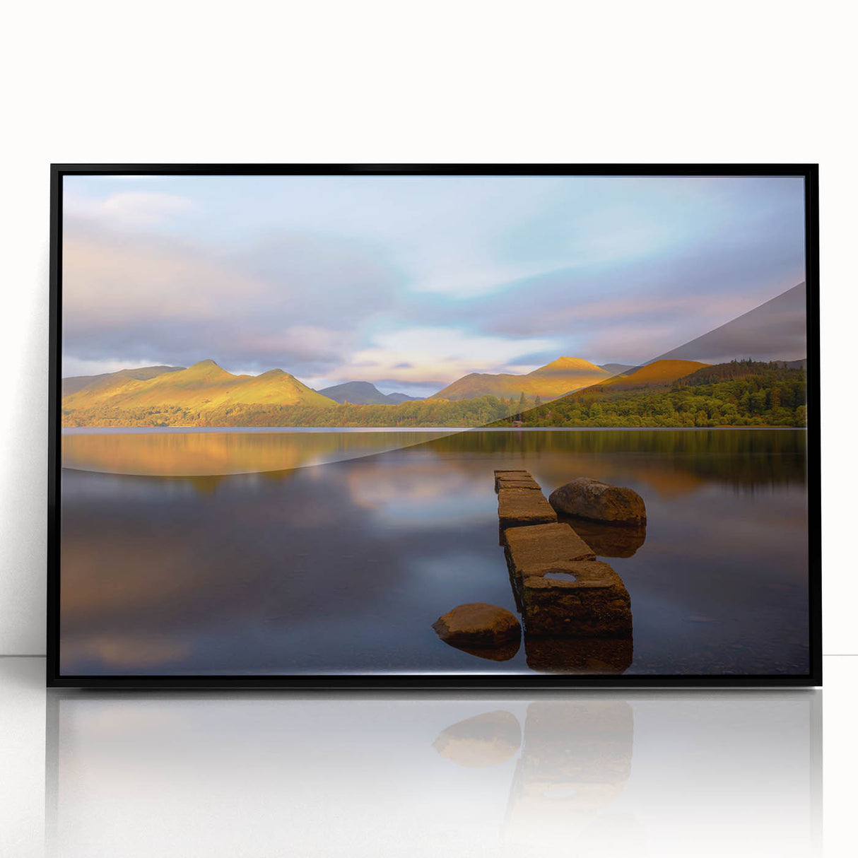 Large abstract wall art depicting a scenic Cumbrian landscape in muted earth tones, framed in black acrylic.
