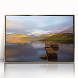 Acrylic print of a Cumbria, England scenery with muted green and blue tones in a gold frame.