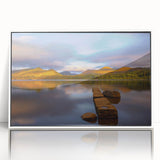 Mid-century modernist art depicting Cumbria's landscape in muted green and blue tones on a white framed acrylic.