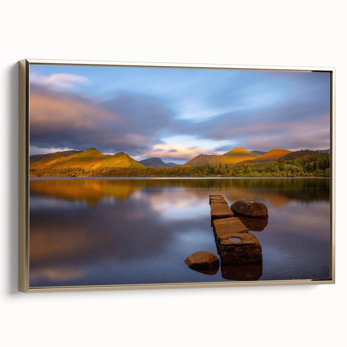 Framed canvas featuring a vintage-style landscape painting of Cumbria, England, in muted earth tones.