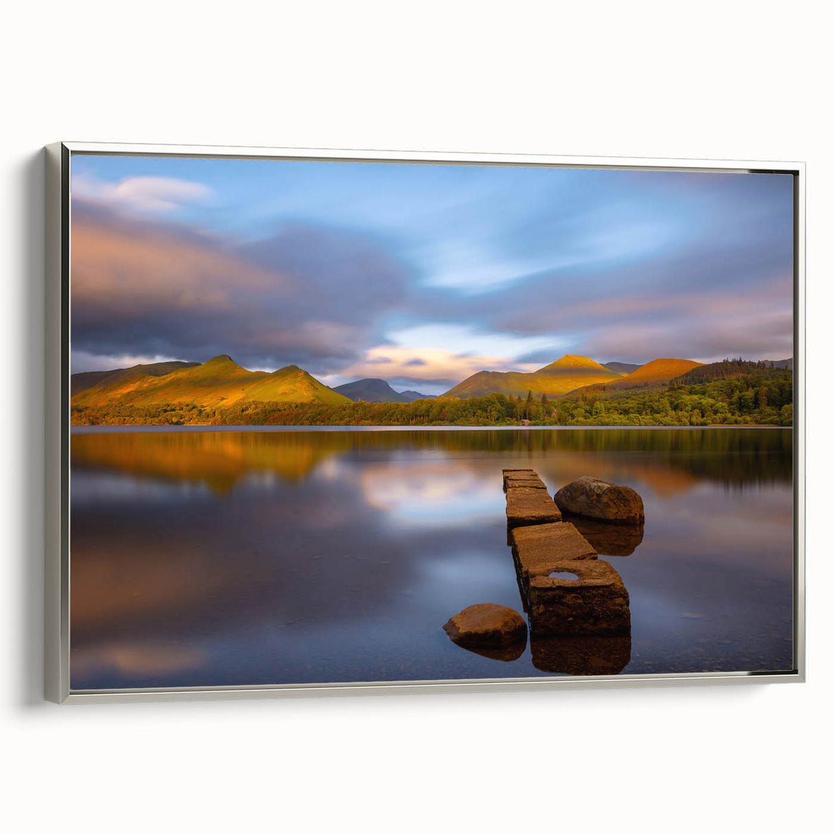 Framed canvas of a vintage-style Cumbrian landscape painting, featuring muted earth tones and black accents.