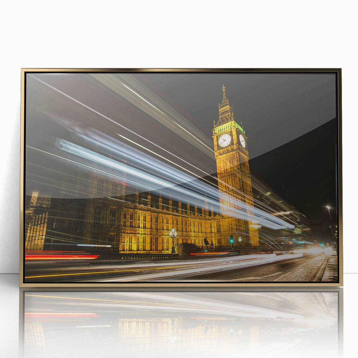 Art deco poster of London scenery in gold and black tones on acrylic, ideal for modern art wall decor.
