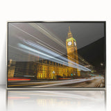 Large art print of a London skyline in muted gray and blue tones on a silver-framed acrylic.