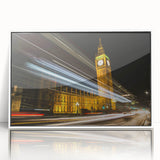 Mid-century modernist art depicting London landmarks in muted colors on a framed acrylic, ideal for nursery wall decor.