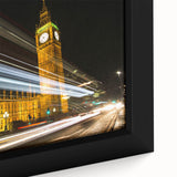 Extra large framed canvas featuring a textured depiction of London with vibrant, colorful details on a black background.