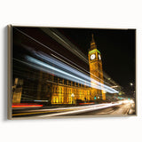 Framed canvas featuring a vintage-style black and gold landscape painting of London, ideal for bedroom wall art.