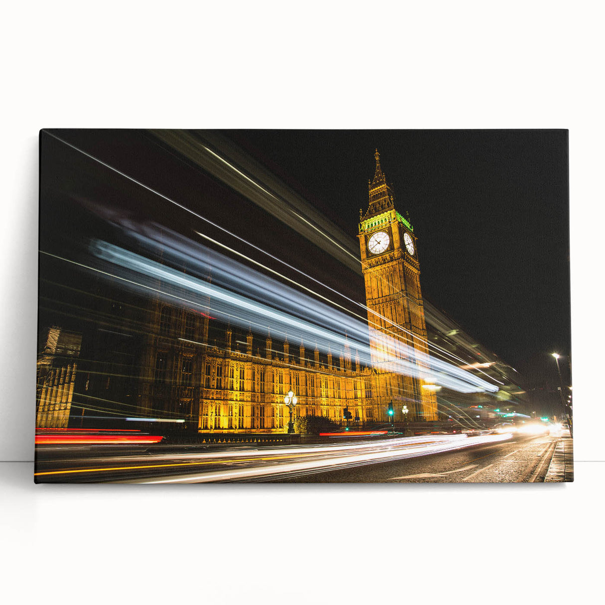 Large black and white stretched canvas of London scenery, ideal for kitchen wall art.