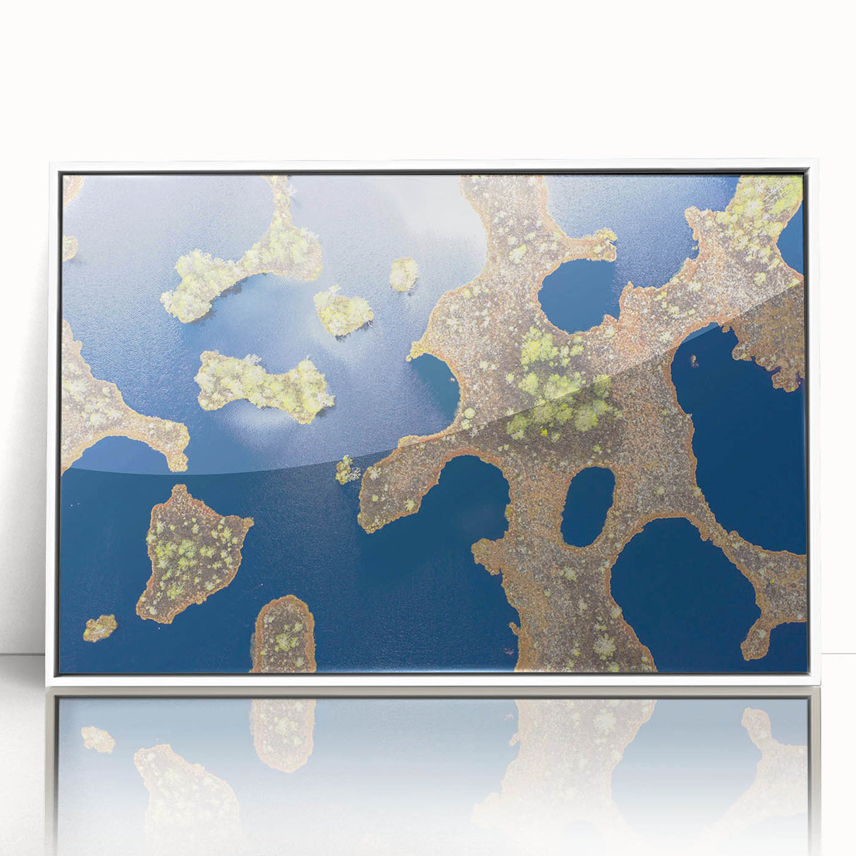 Mid-century modernist art depicting a serene Estonian landscape in muted earth tones, framed acrylic.
