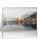 Mid-century modernist art depicting a serene Finnish landscape in muted blue and green tones on a framed acrylic panel.