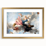 Abstract art print of Paris scenery in muted gold and beige tones on a framed canvas, suitable for dining room decor.