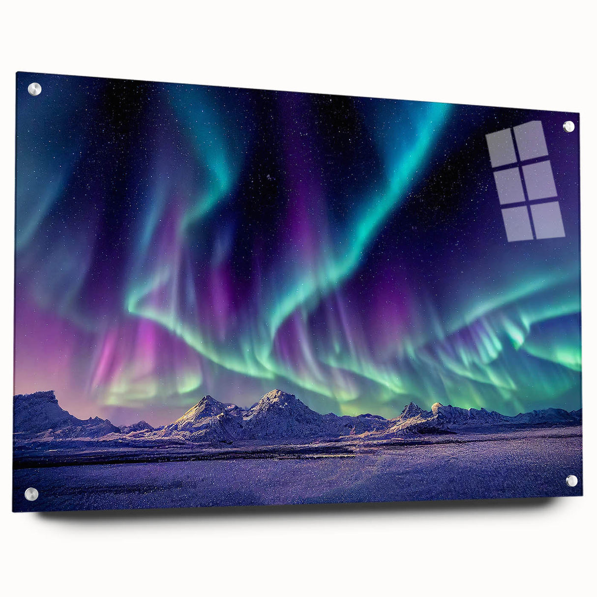 Acrylic print of a serene Icelandic landscape in muted blue and green tones, ideal for bedroom or dining room decor.