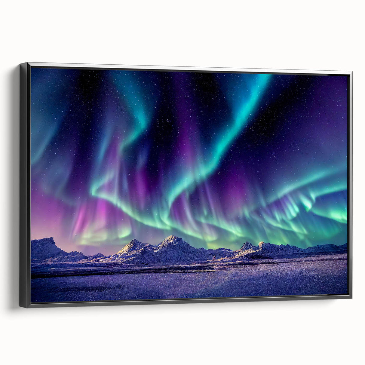 Black and white framed canvas of an Icelandic landscape, ideal for bedroom wall art.