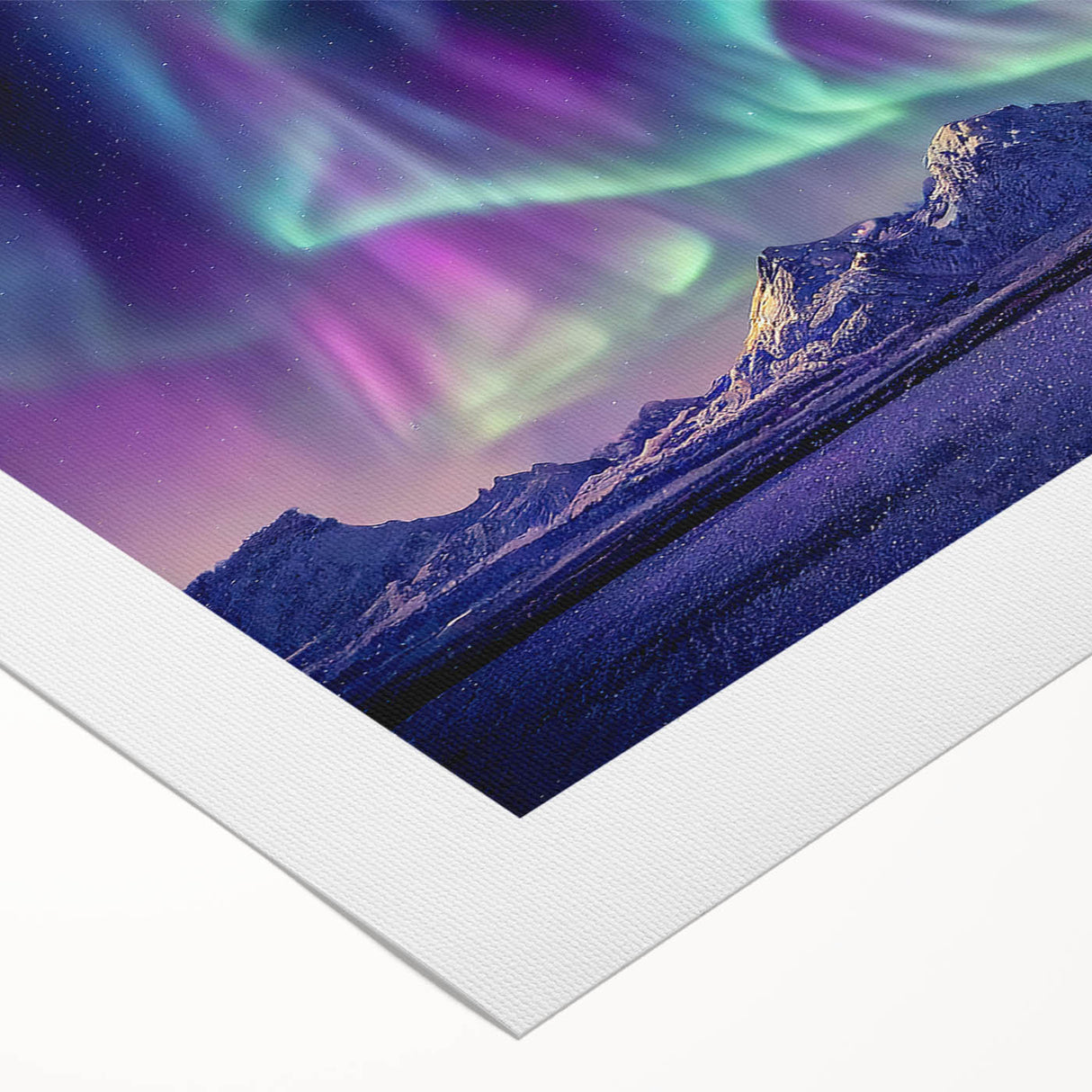 Art deco poster of a serene Icelandic landscape in muted blue and green tones on rolled canvas.