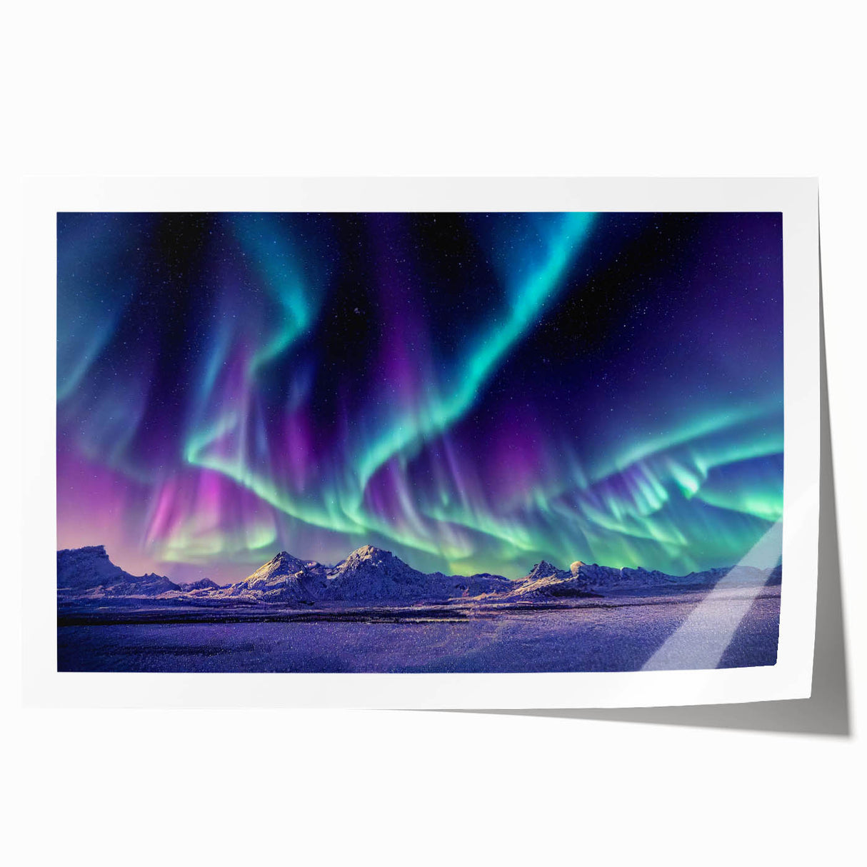 Extra large rolled print of Icelandic scenery with muted green and blue tones, ideal for art wall dining room.