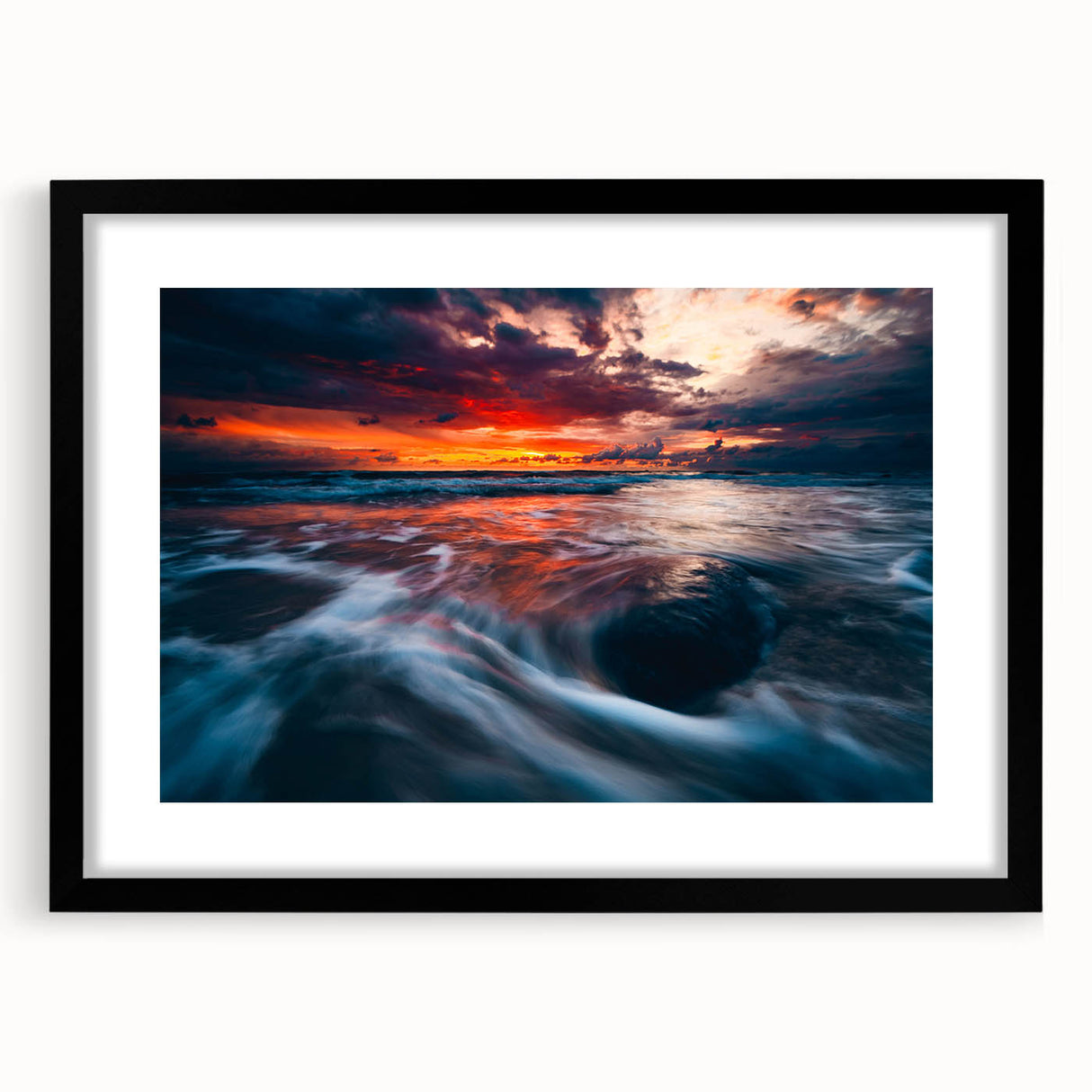 Extra large abstract art print featuring a colorful, textured depiction of a European scenery on a black framed canvas.