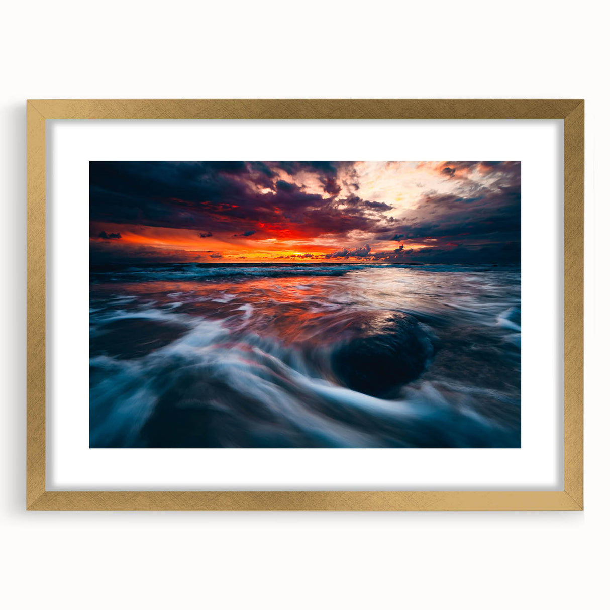 Abstract art print of a European Lithuanian landscape in muted earth tones, framed in gold, ideal for dining room decor.