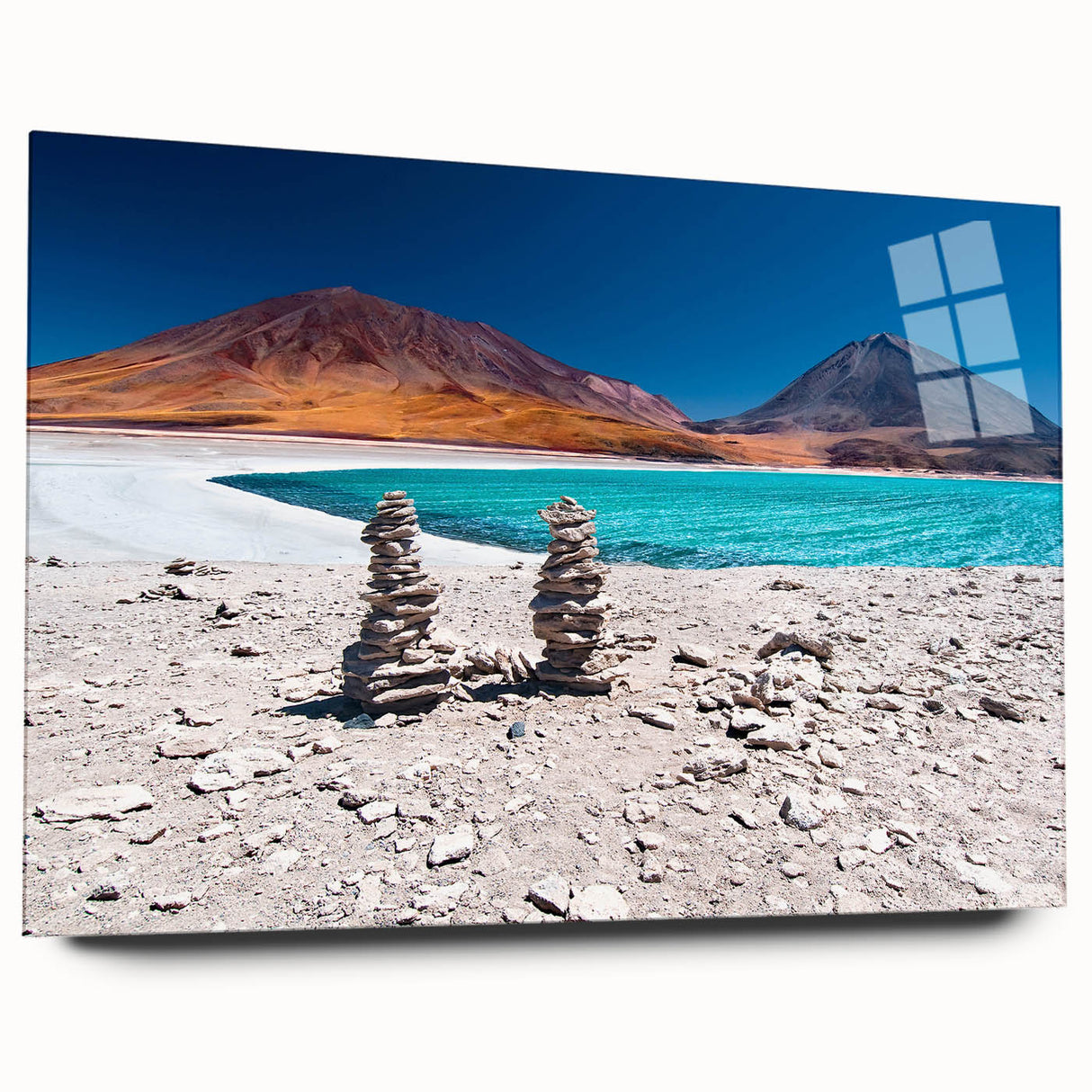Large abstract depiction of the Bolivian landscape in muted earth tones on acrylic glass.