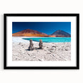 Extra large, textured abstract art print of a colorful Bolivian landscape on a framed black mat, ideal for living room decor.