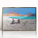 Mid-century modernist acrylic print of a Bolivian landscape in earth tones, framed in gold.