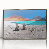 Mid-century modernist art depicting a Bolivian landscape in muted earth tones on a framed acrylic format.