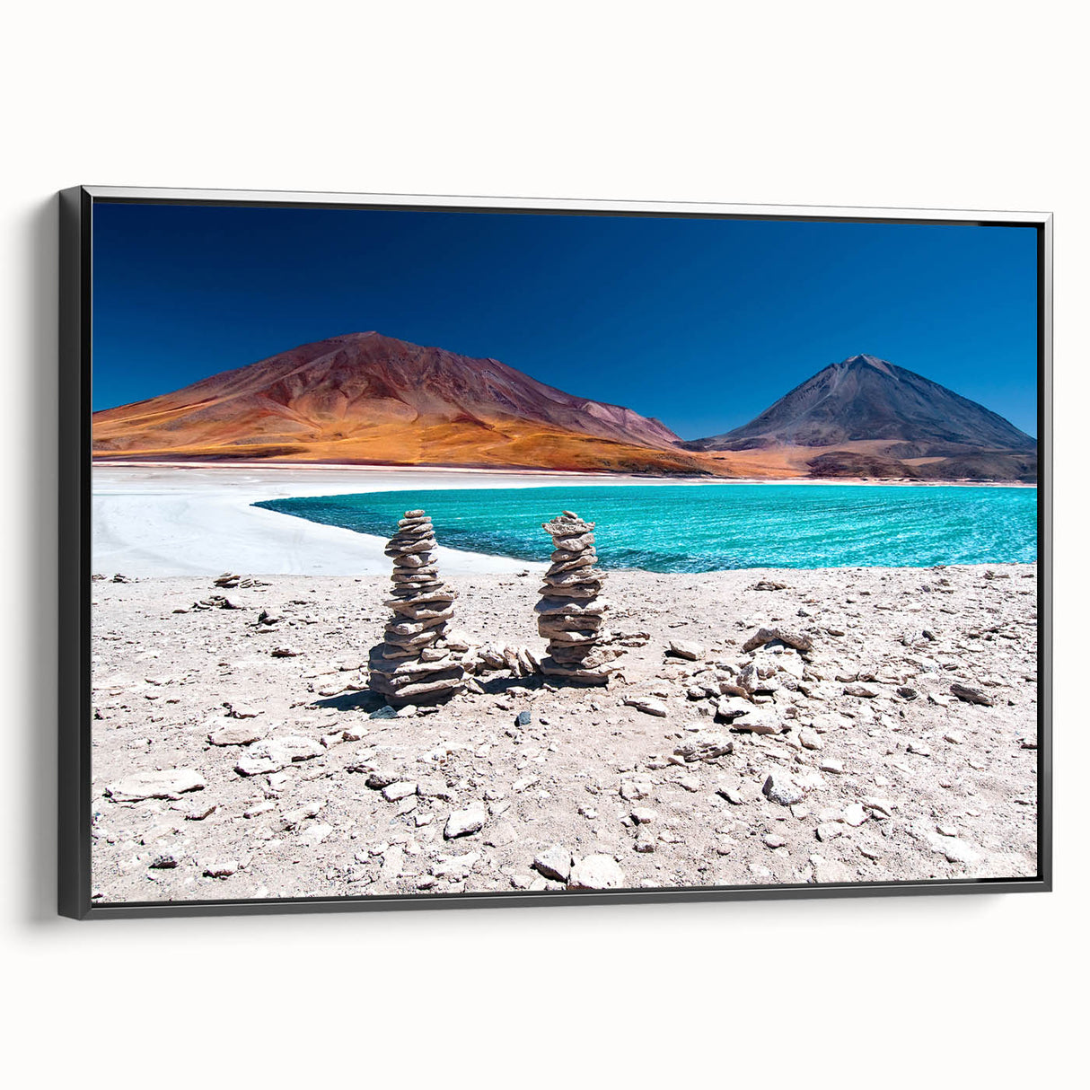 Black and white framed canvas of a Bolivian landscape, ideal for bedroom wall decor.