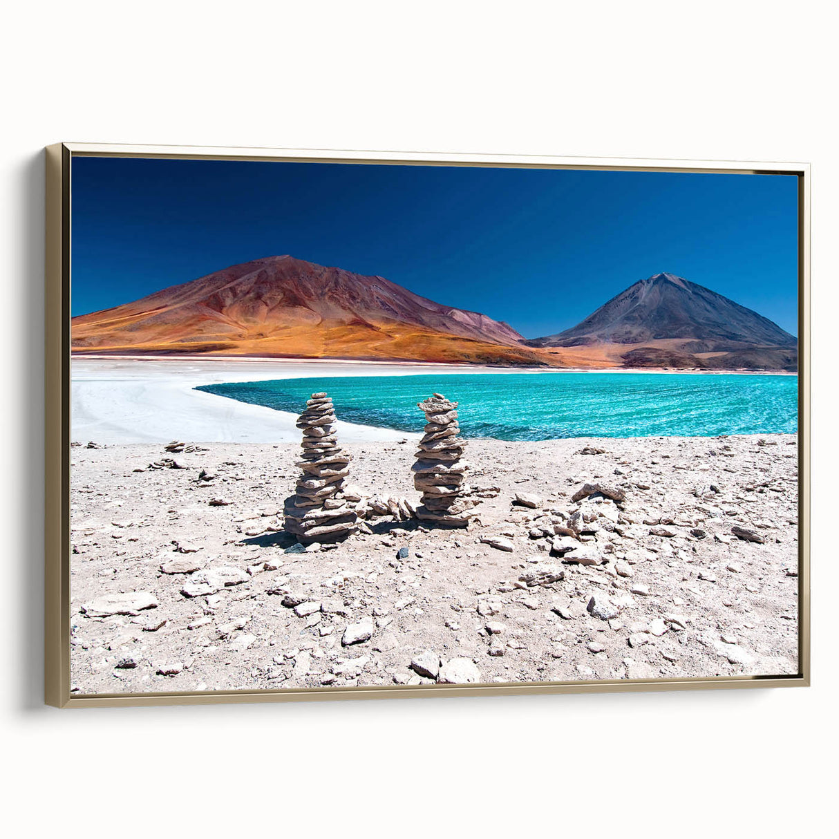 Framed canvas featuring a vintage-style Bolivian landscape in muted gold and black tones, ideal for bedroom wall art.