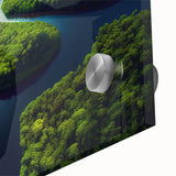 Mid-century modernist abstract of a Brazilian landscape in vibrant hues on acrylic glass, ideal for dining room art.