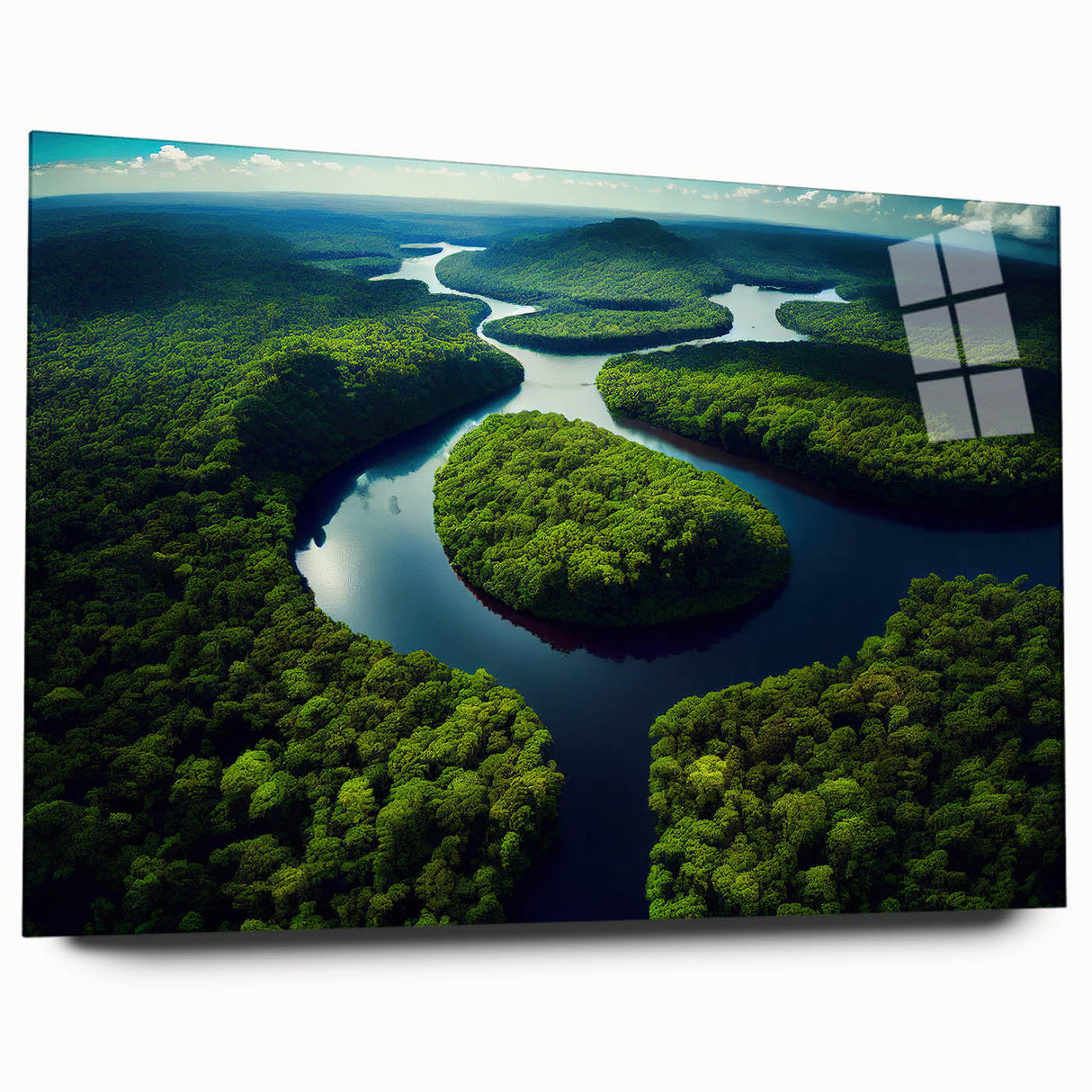 Large abstract depiction of a Brazilian landscape in vibrant greens and blues on acrylic glass.