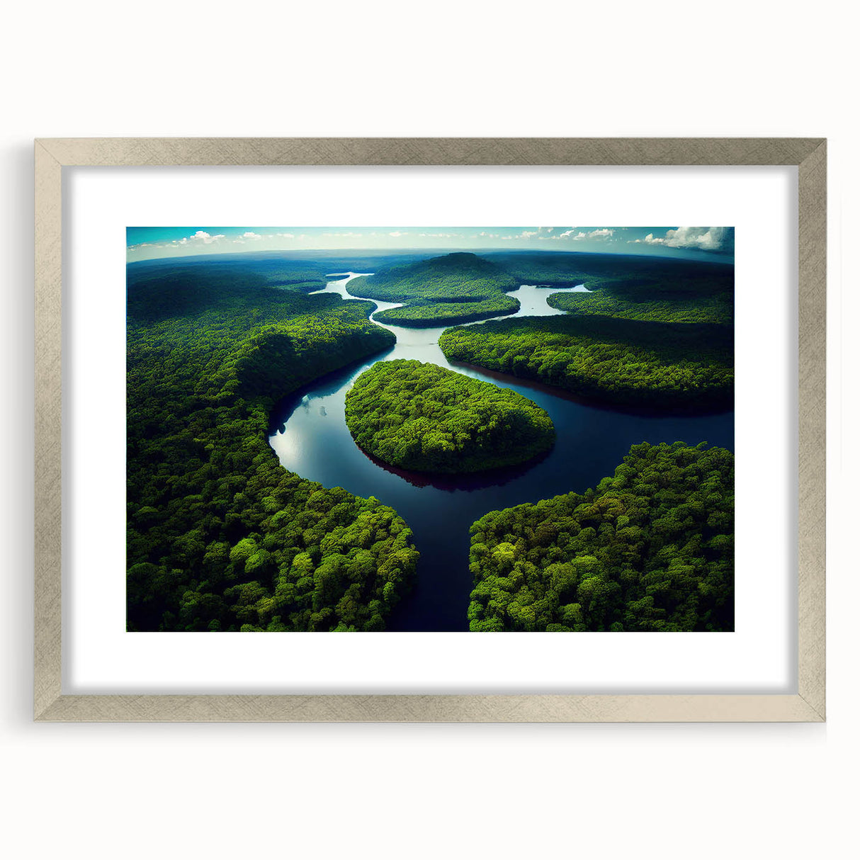 Textured abstract art print of a Brazilian landscape in muted earth tones on a framed silver mat, suitable for bedroom decor.