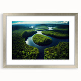 Textured abstract art print of a Brazilian landscape in muted earth tones on a framed silver mat, suitable for bedroom decor.