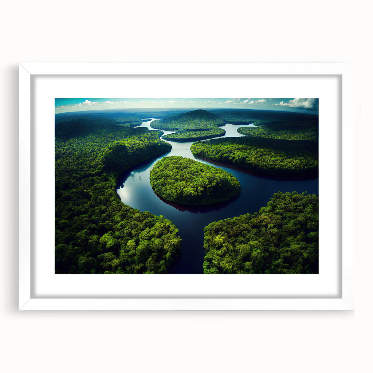 Abstract art print of a stylized Brazilian landscape in vibrant hues on a white-framed canvas, ideal for dining room decor.