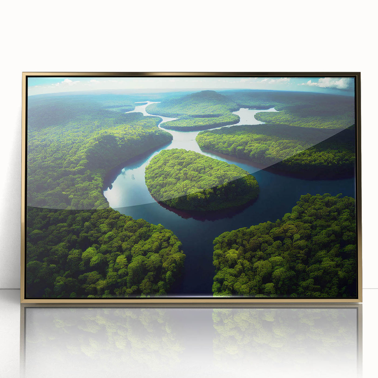 Large art print of a Brazilian landscape in mid-century modernist style, framed in gold acrylic.