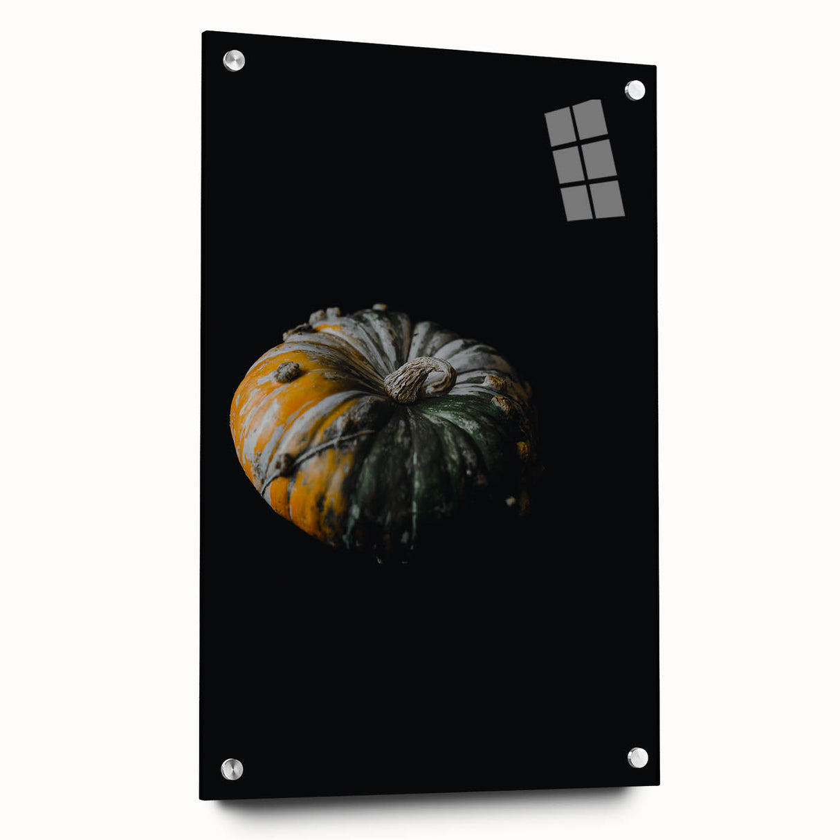 Large abstract wall art depicting autumnal trees in orange and red hues on acrylic glass.