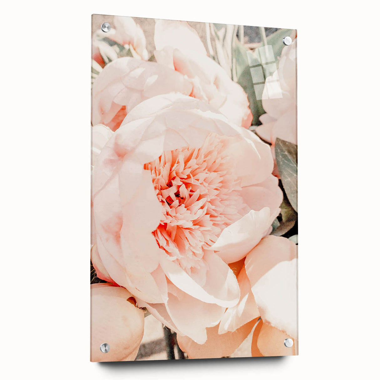 Large abstract wall art on acrylic glass depicting spring themes in vibrant green and pink.