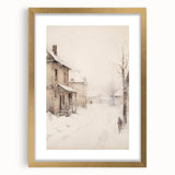 Extra large abstract art print depicting a textured winter scene in muted blues and whites, framed in gold.