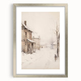Textured abstract art print depicting a winter scene in muted white and blue tones, framed in silver.