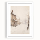 Abstract art print depicting a winter scene in muted blue and white tones, framed with a white mat.
