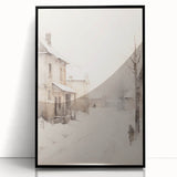 Large abstract wall art featuring geometric shapes in cool blue and gray tones, framed in black acrylic.