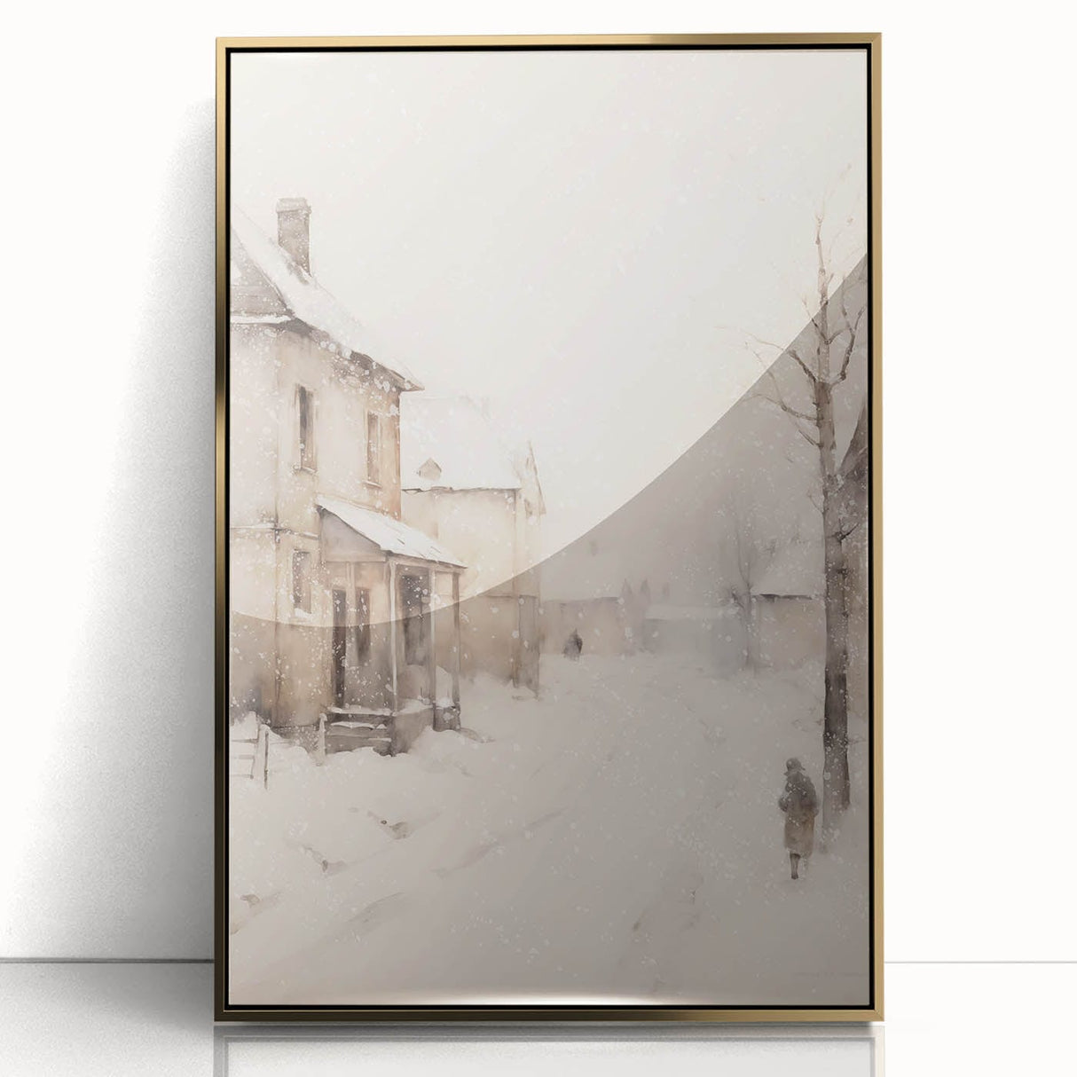 Large art print of a winter scene in mid-century modernist style, framed in gold acrylic, suitable for modern nursery decor.