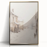 Large art print of a winter scene in mid-century modernist style, framed in gold acrylic, suitable for modern nursery decor.